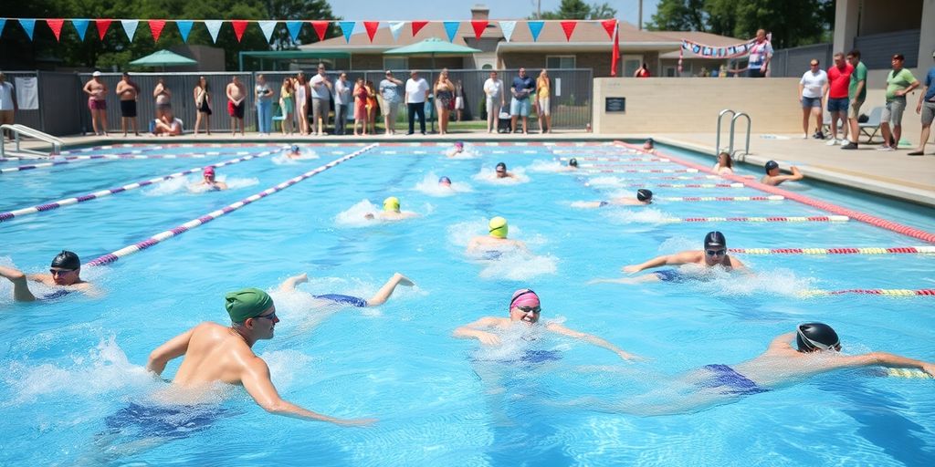 Adults competing in a swim event at Dallas pool.