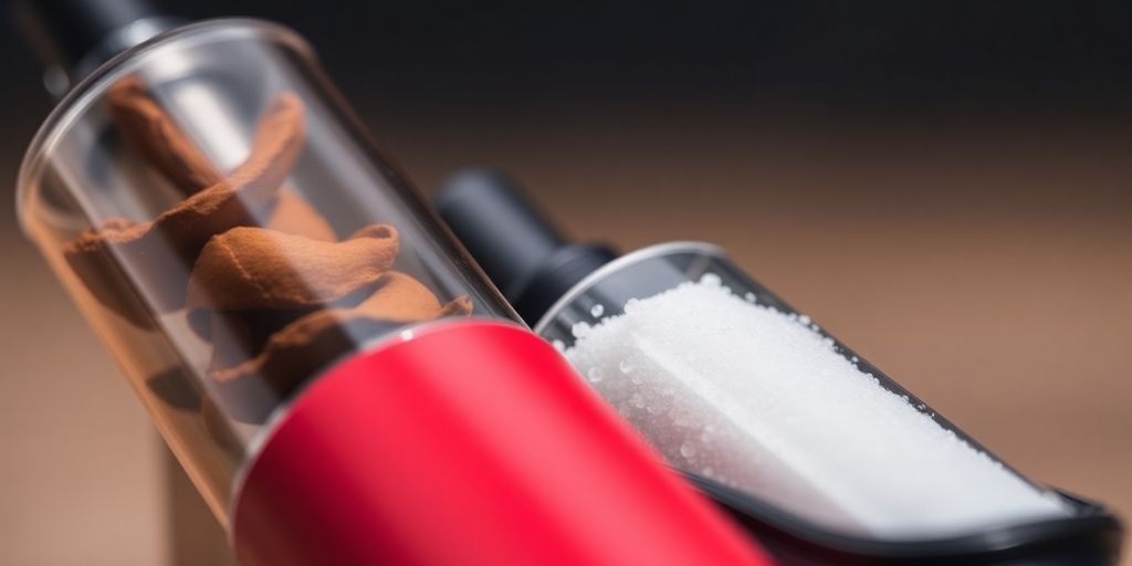 Close-up of e-cigarettes with tobacco and salt nicotine.