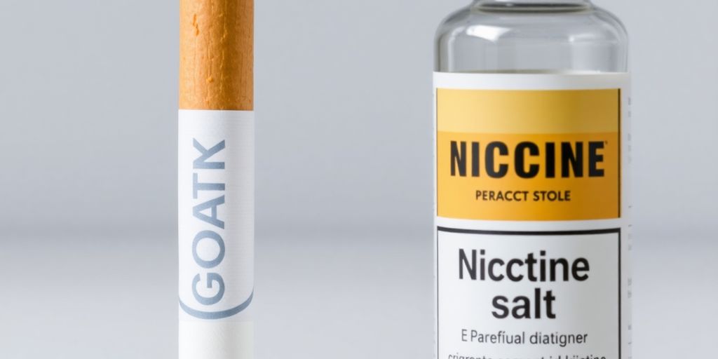 Cigarette next to nicotine salt e-liquid bottle.