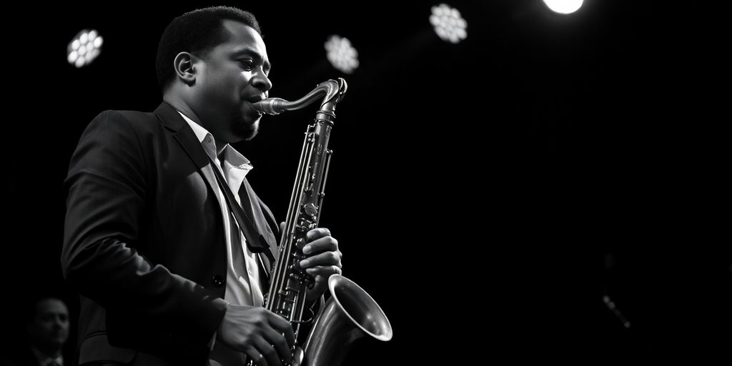 Jazz musician playing saxophone in dramatic lighting.