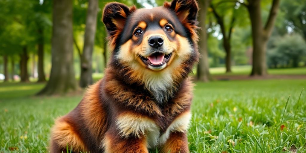 Friendly dog bear sitting in a green park.