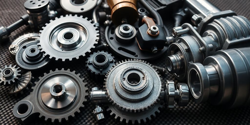 Close-up of various automotive parts arranged neatly.