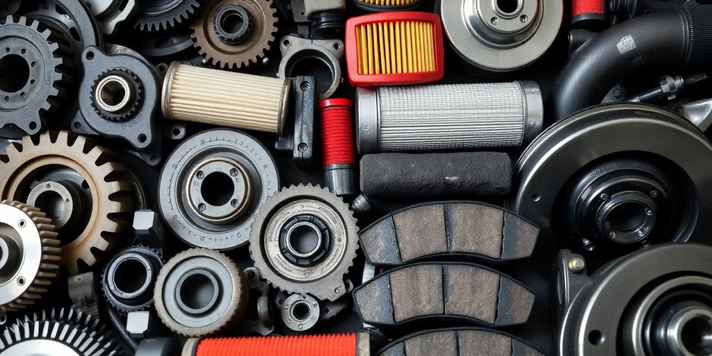 Close-up of various automotive parts on a surface.