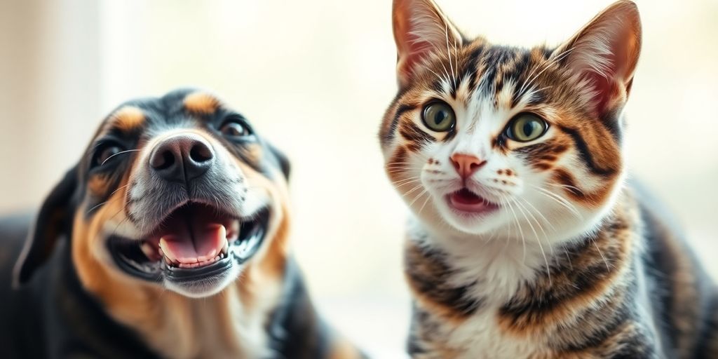 Happy dog and cat together in soft natural light.