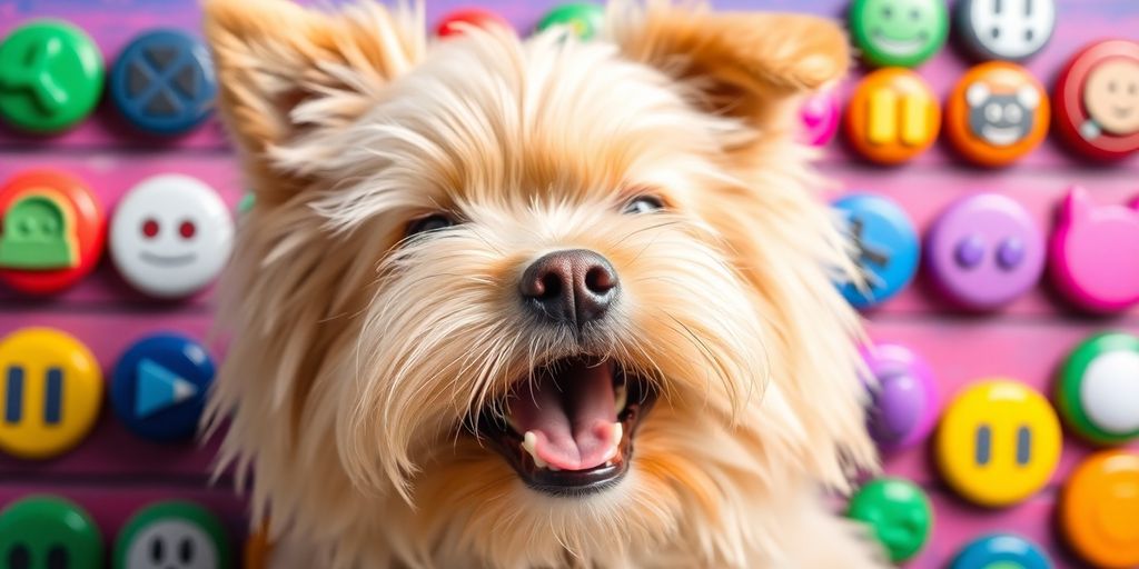 A playful dog with colorful soundboard buttons.