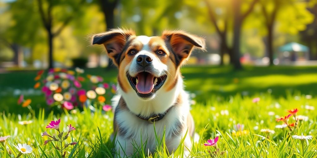 Playful dog in a sunny park with flowers.