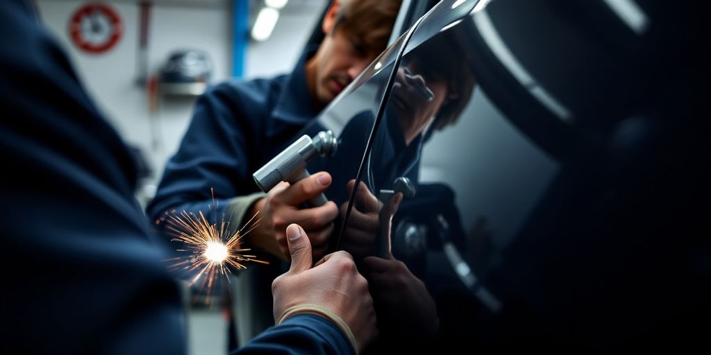 Technician repairing a car body in an auto shop.