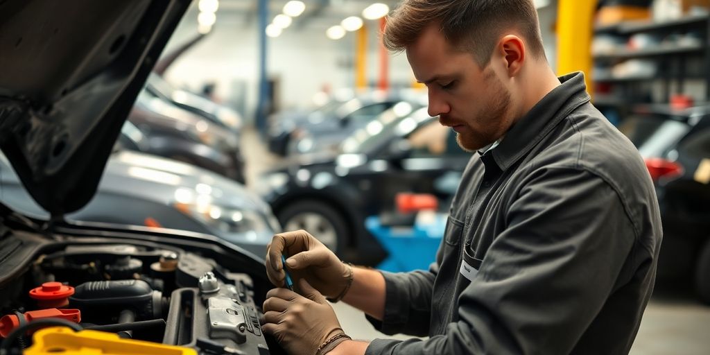 Technician repairing car body in auto shop environment.