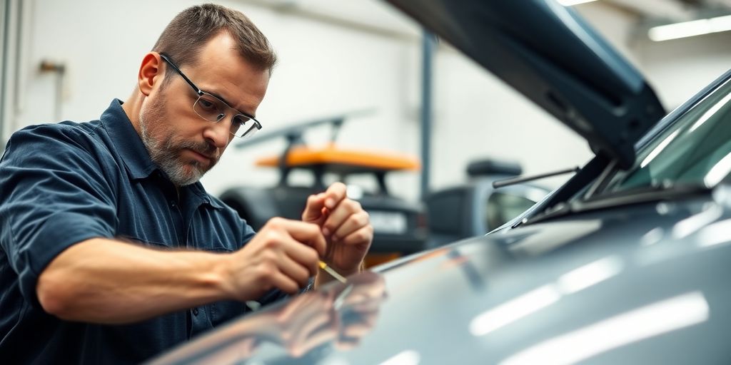 Automotive technician repairing a car in a workshop.