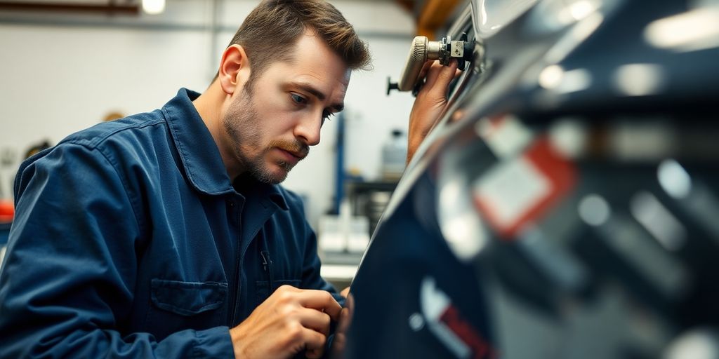 Automotive technician inspecting car body in a repair shop.