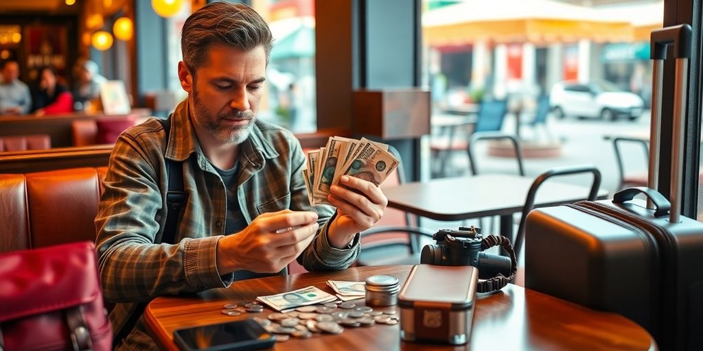 Traveler counting cash at a cafe table with suitcase.