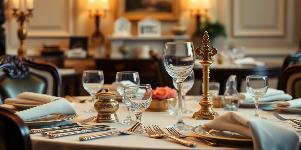 Elegant dining setup with vintage tableware and decor.