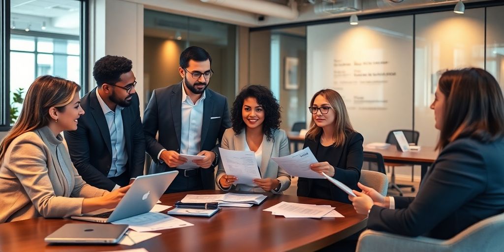 Group of financial intermediaries discussing in a modern office.