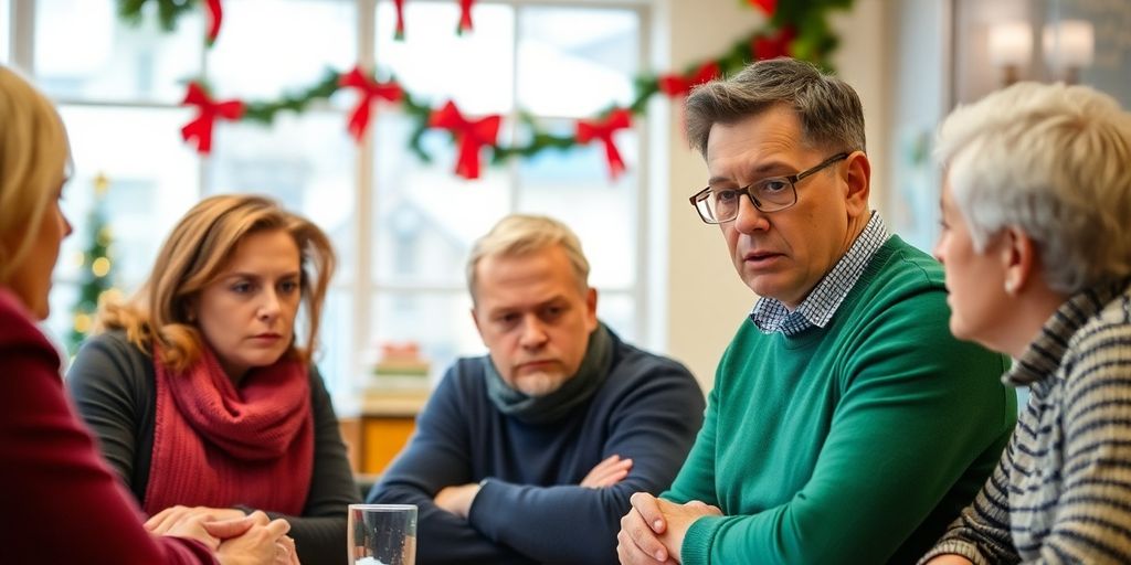 People discussing Christmas bonus increases around a festive table.