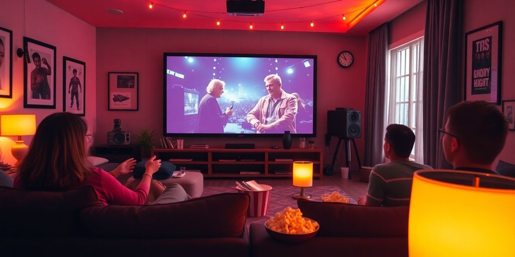 Cozy movie night setup with screen and popcorn.