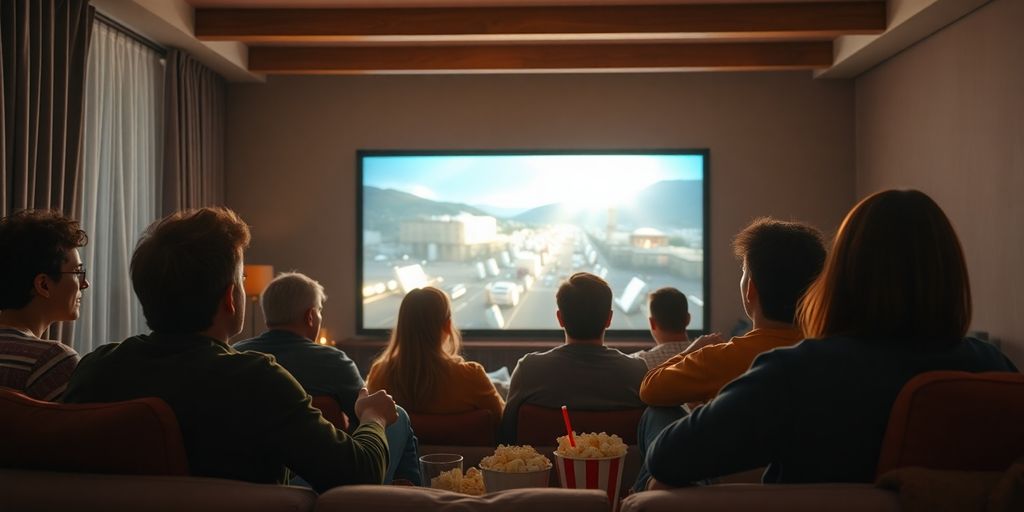 Group enjoying a movie night in a cozy home theater.