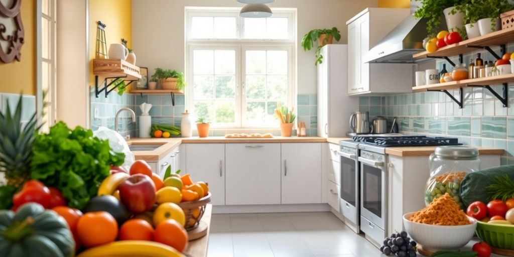 Colorful healthy foods in a bright kitchen setting.