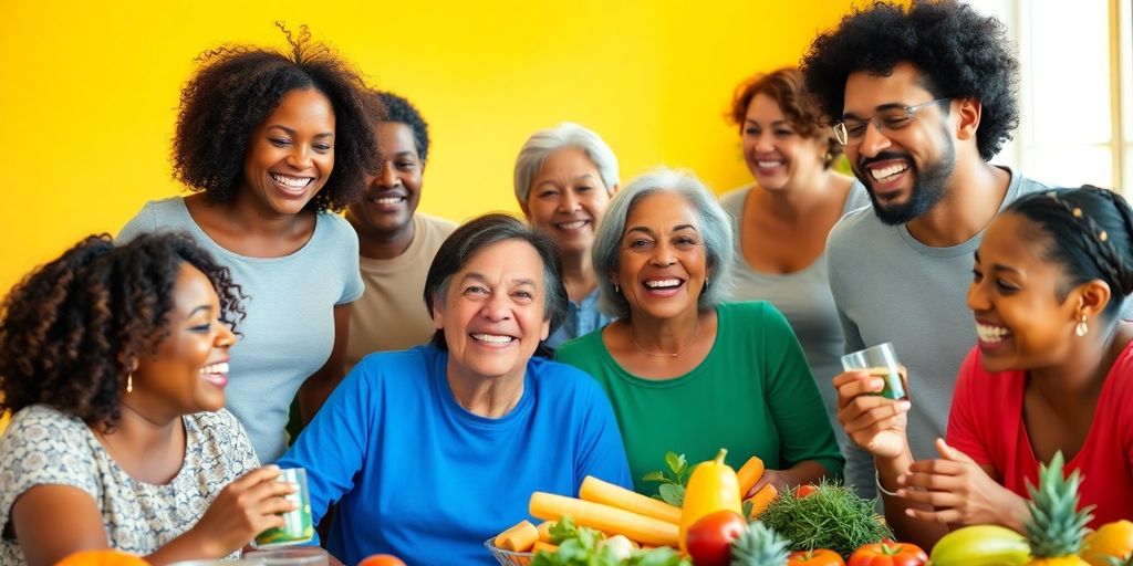 Group enjoying healthy meals, smiling and engaging together.