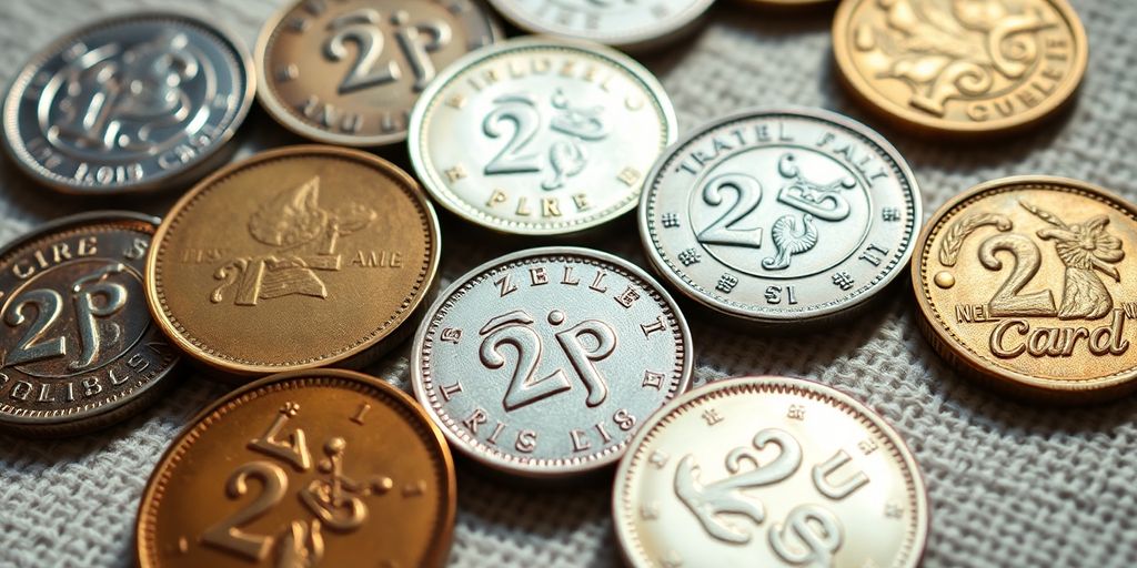 Close-up of assorted rare 2p coins on display.