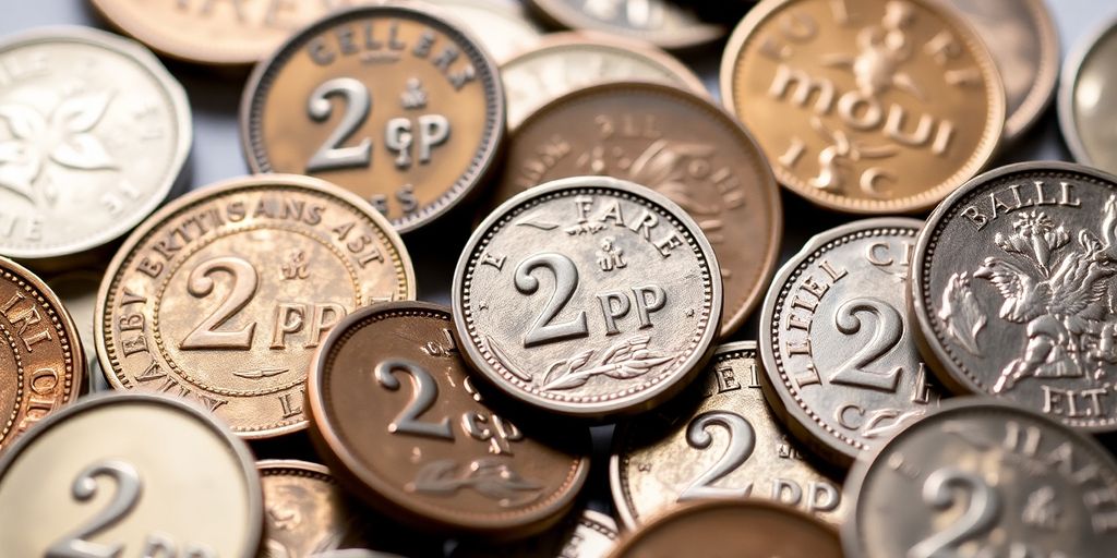 Close-up of rare 2p coins with unique designs.